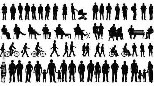Large set of diverse people silhouettes including families with children, parents with strollers, elderly sitting on benches, and active cyclists