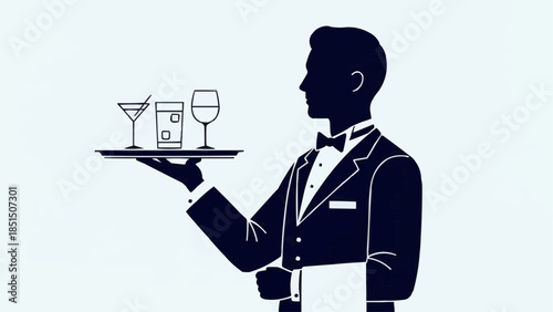 Elegant Waiter Serving Drinks on a Tray Silhouette.
