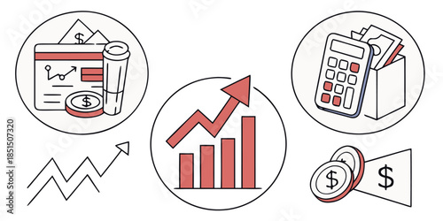 Financial planning icons illustrate concepts of banking growth saving and investment strategies
