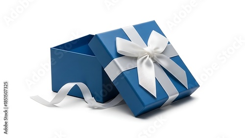 Elegant Blue Gift Box with White Ribbon Isolated on White Background.