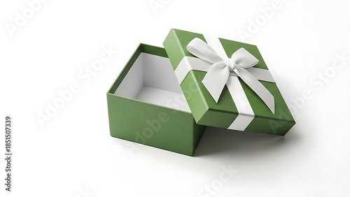 Elegant Green Gift Box with White Ribbon Open on White Background.