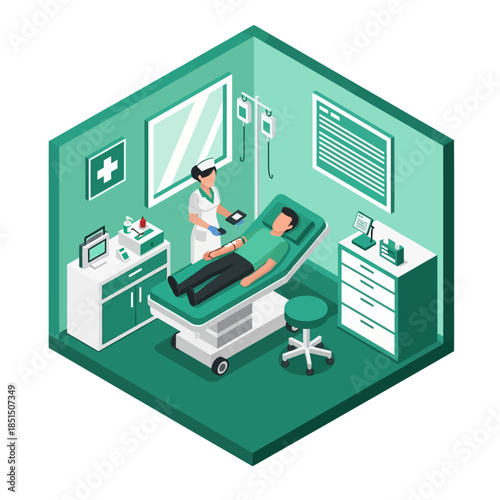 Isometric medical room with nurse taking blood from a patient on an examination bed.