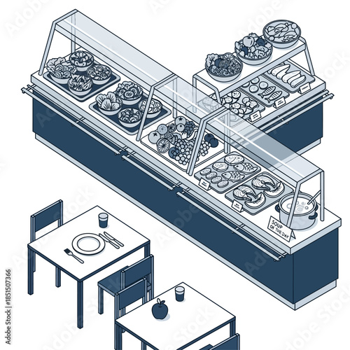 Isometric illustration of a cafeteria buffet line with various food items and dining tables.