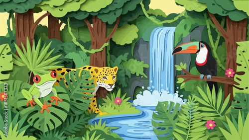Vibrant jungle scene with a jaguar frog and toucan.