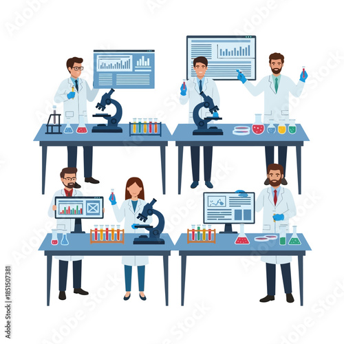 Scientists working in a laboratory conducting experiments and research with various lab equipment and computers.
