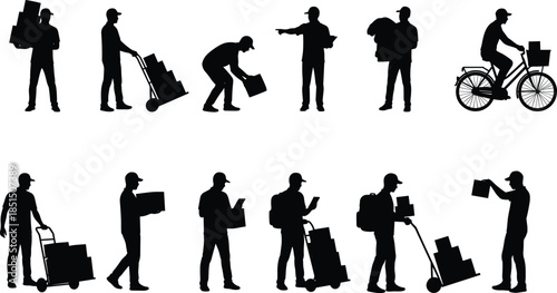 Delivery and logistics worker silhouettes set, courier handling packages carts and bicycles isolated on white background, shipping service vector illustration