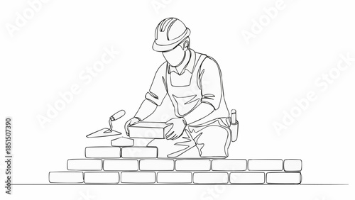 Construction worker building a brick wall with trowel and bricks.