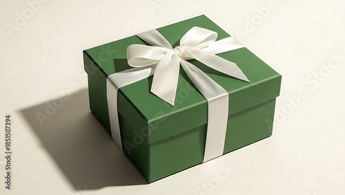 Elegant Green Gift Box with White Ribbon and Bow.