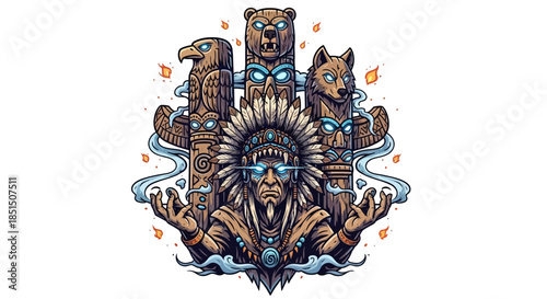 Vibrant Native American totem pole with eagle, bear, wolf, and chief