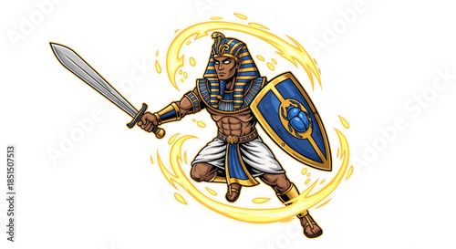 Ancient Egyptian pharaoh warrior in battle stance with sword and shield