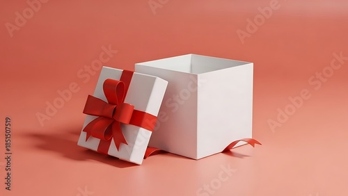 Elegant White Gift Box with Red Ribbon Open on Pink Background.