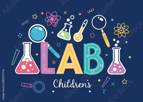 Inspire young minds with a fun children's science lab design perfect for educational materials and creative projects featuring beakers and atoms