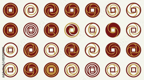 Minimalist vector set of abstract wealth symbols inspired by ancient Chinese coin geometry, invisible square holes implied through negative space, luxury muted red, gold line accents