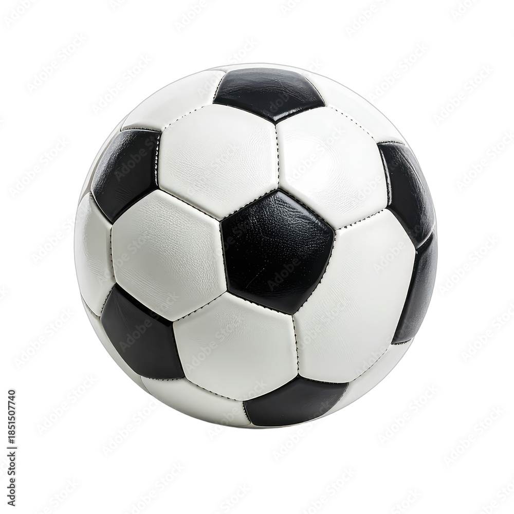 Fototapeta premium A classic black and white soccer ball isolated against a deep black background.