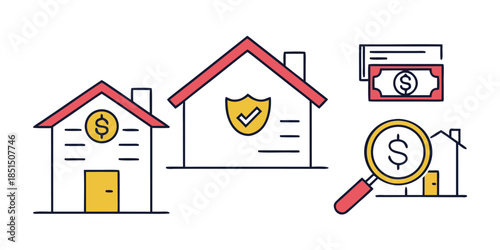 Real estate investment security appraisal and financial planning line icons for property management