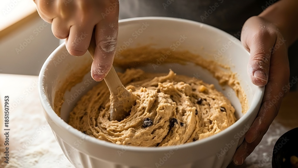 Fototapeta premium Hands Mixing Dough in a Bowl for Baking, Culinary Preparation Process