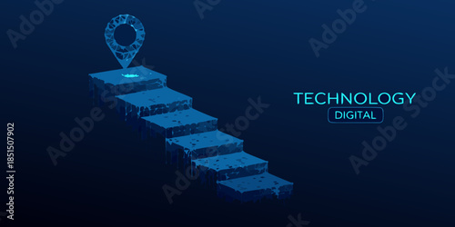 Digital technology advancement a polygonal staircase leading to a location pin