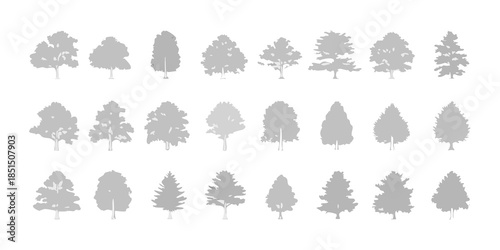 A collection of grayscale tree silhouettes in varying shapes and sizes