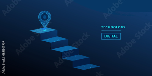 Digital technology advancement represented by steps leading to a location pin
