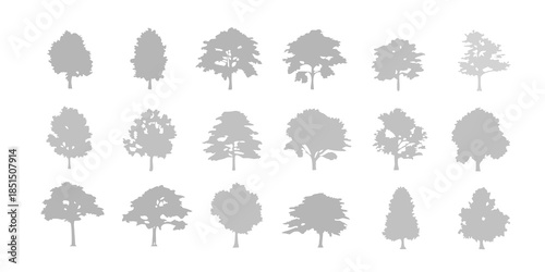 A collection of grayscale tree silhouettes displaying various shapes and sizes