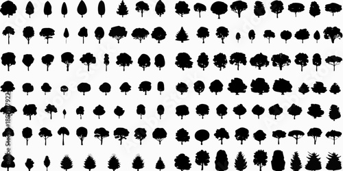 A dense collection of varied black silhouette trees against a white backdrop