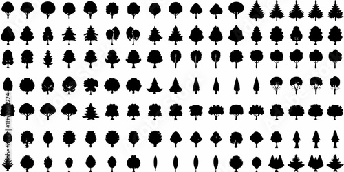 A collection of various stylized tree silhouettes against a white background