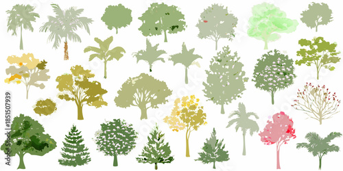 Collection of diverse trees and foliage showcasing various shapes and colors