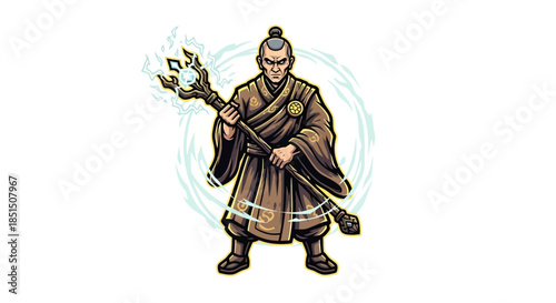 Mystical samurai warrior wielding magical staff with glowing orb and swirling energy