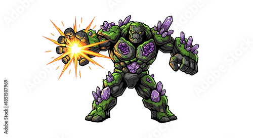 Vibrant green crystal robot emitting energy blast power