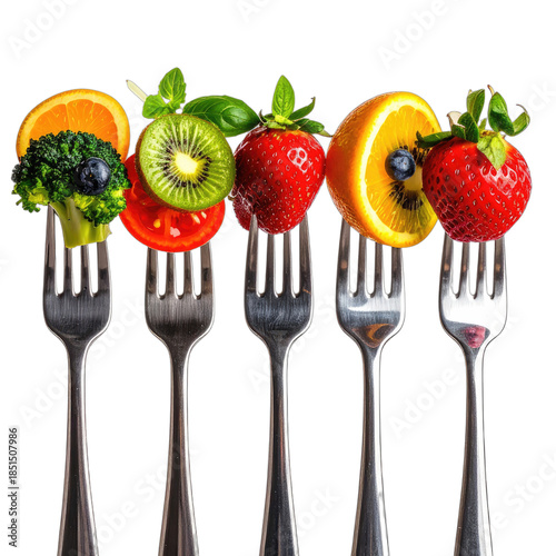 A vibrant array of fresh fruits and vegetables impaled on silver forks against a black background.