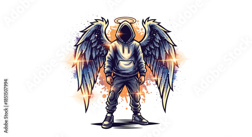 Stunning angel in urban outfit with vibrant wings and halo