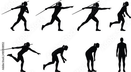 Female javelin thrower silhouette sequence illustration, track and field athletics motion stages, sports training competition performance vector set action poses