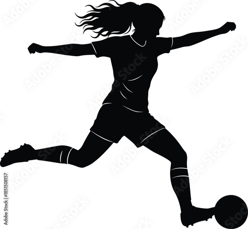 Female soccer player silhouette kicking ball mid air, dynamic football action, women sports fitness concept, athlete illustration isolated white background