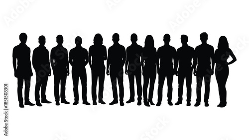 A group of people standing together in a line presented as a bold silhouette