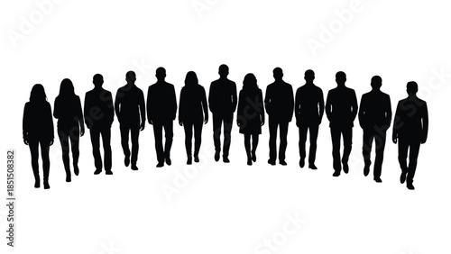 A line of people walking forward depicted as a bold black silhouette