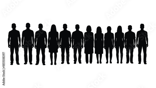 a line of black human figures standing together a minimalist style silhouette