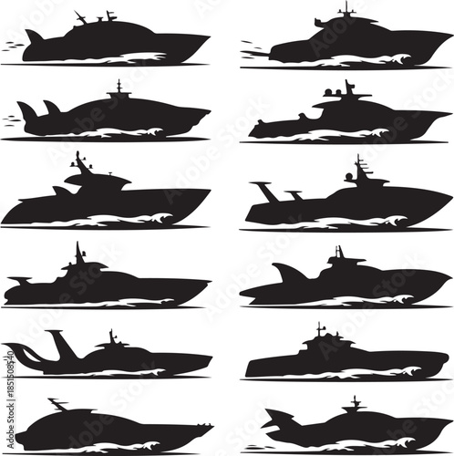 Collection of various military ship and submarine silhouettes isolated