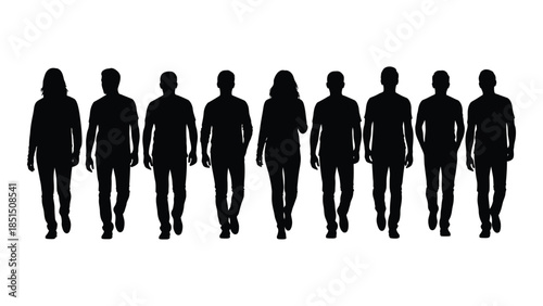 A line of people walking forward illustrated with a striking black silhouette