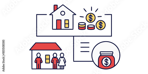 Iconographic representation of real estate investment linking property family savings and financial growth