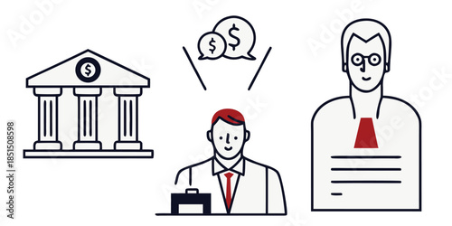 Client consultation with a lawyer and a banker discussing financial or legal matters illustrated by icons