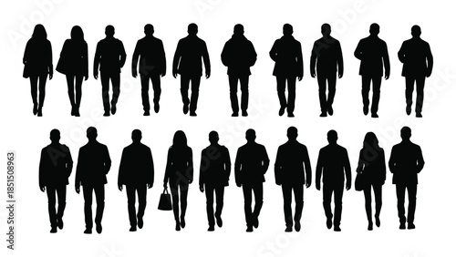 A collection of diverse people walking in various poses presented as a striking silhouette