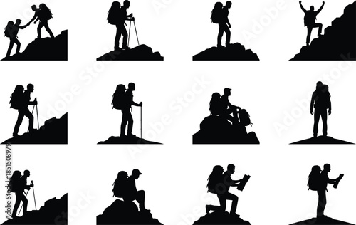 Hiking and mountain climbing silhouettes set, backpacker adventure people on peaks isolated on white background, outdoor travel vector illustration collection