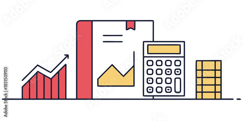 Financial planning illustration showing growth chart report calculator and stacked coins for accounting success