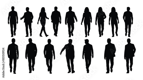 Diverse group of people walking in various poses presented as a striking visual silhouette