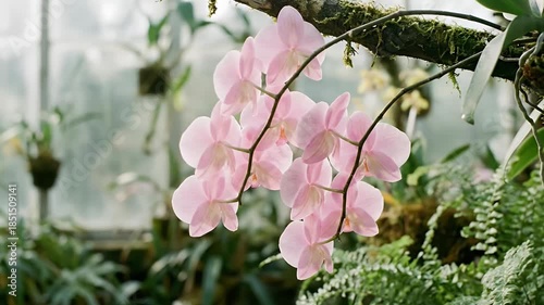 A captivating close-up showcases a cluster of delicate light pink orchid blossoms, gently swaying on their graceful stems within what appears to be a lush, verdant greenhouse or botanical garden setti