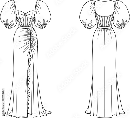 Elegant fashion dress, corset bodice, puff sleeves, ruched skirt, high slit, ruffle trim, scoop back, cad drawing flat vector illustration
