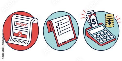Set of icons illustrating financial transactions including receipts calculations and cash payment methods