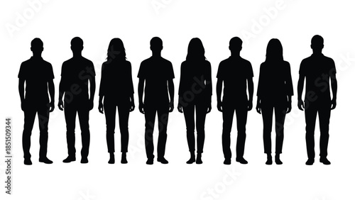 A row of diverse people standing together represented as a dark graphic silhouette