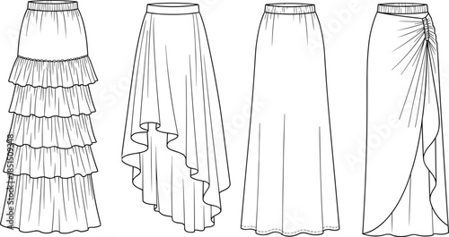 Long skirt collection flat sketch, tiered ruffle, asymmetrical hem, A-line silhouette, ruched drape, cad drawing flat vector illustration