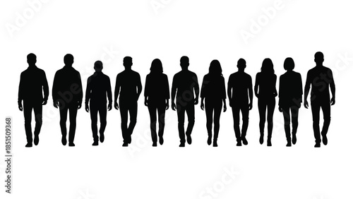 A line of black figures walking forward a striking human form silhouette